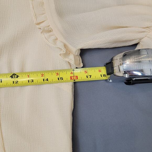 HYFVE Dress Cream Ruched Mini Dress Small Puff Sleeve Ruffle Hem Flirty Romantic - Picture 5 of 6